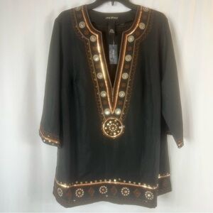 Lane Bryant Modest linen tunic Black and Gold Embellished Women's Top Sz: 14/16